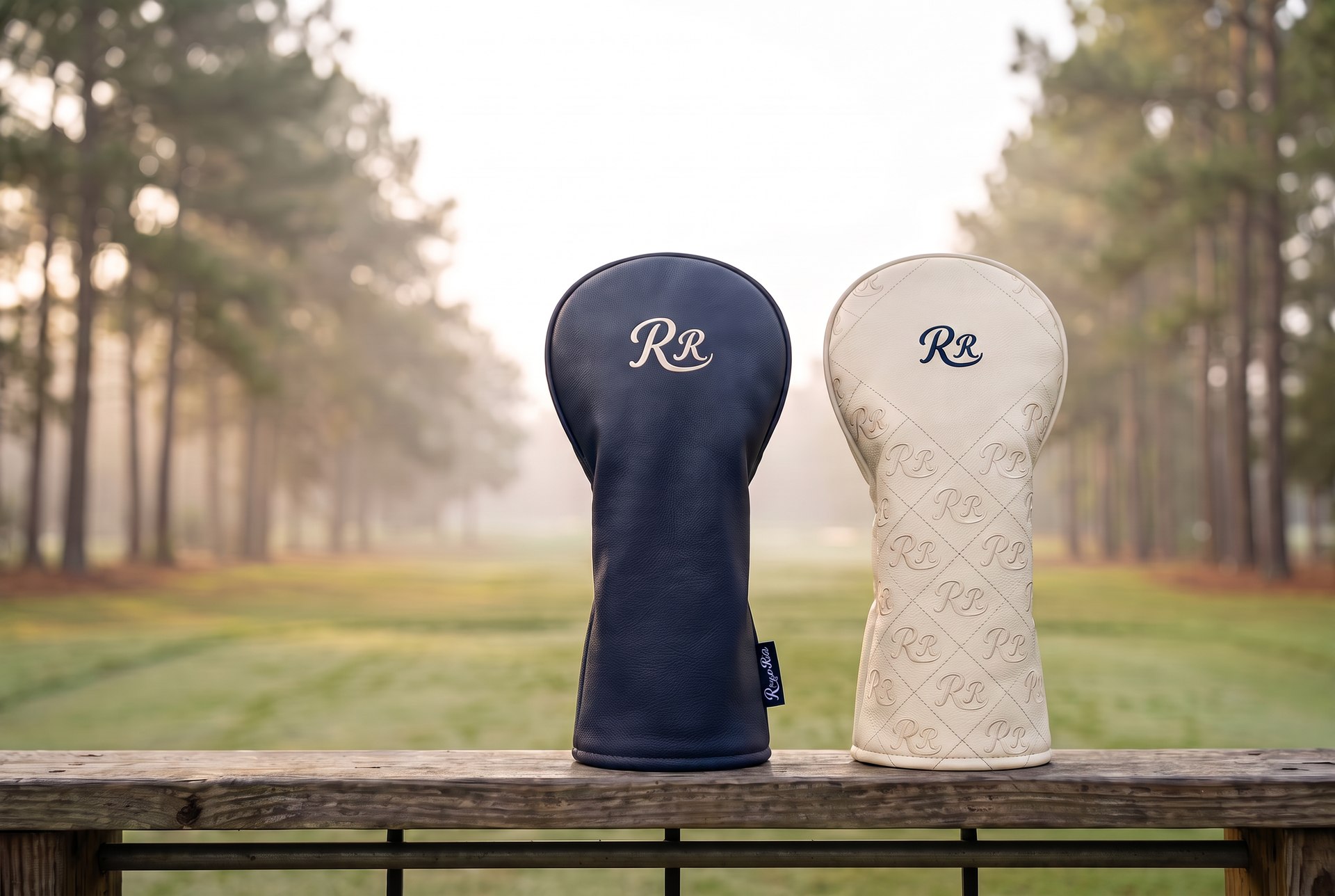 Range Rats driver headcovers in navy and ivory leather with RR monograms