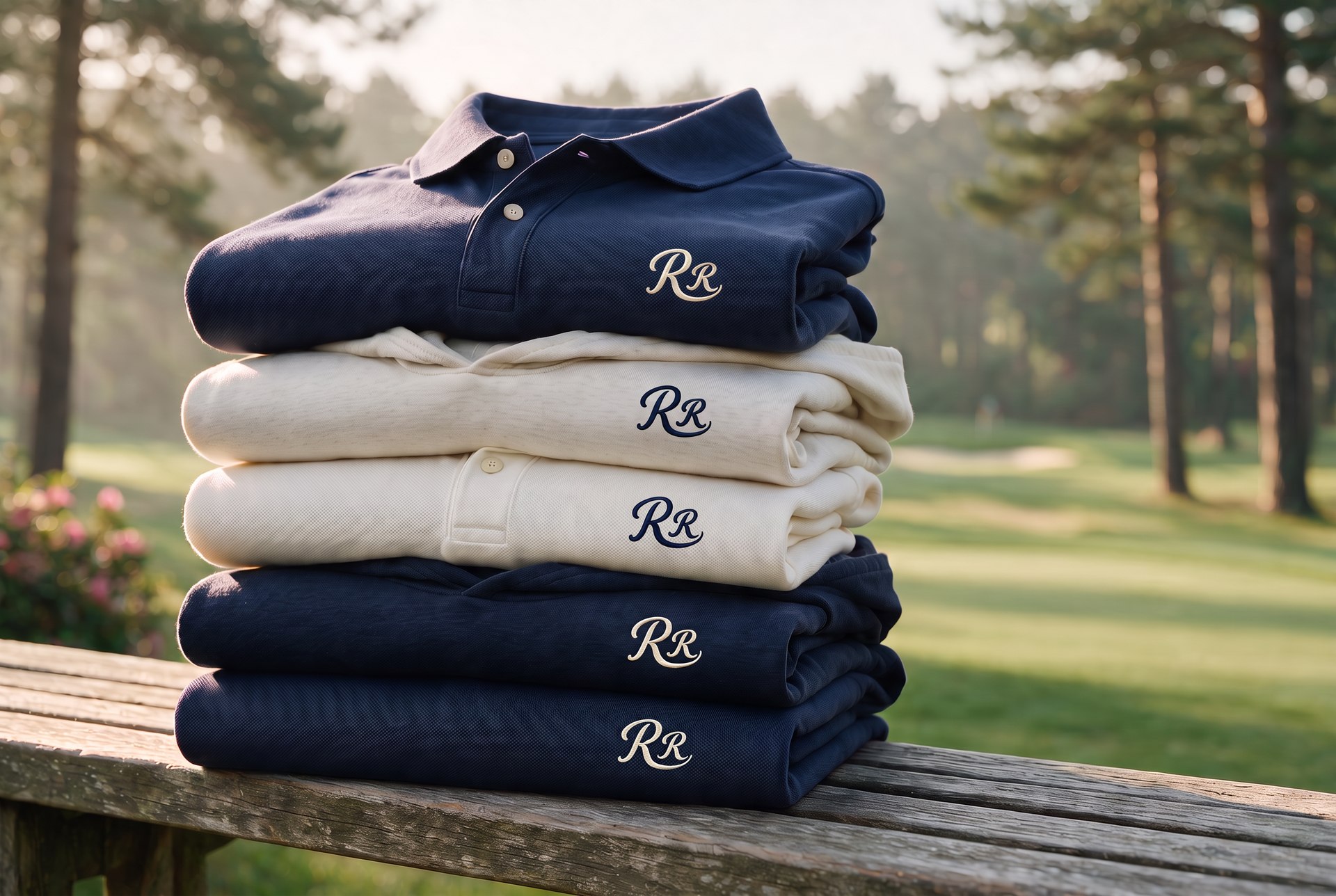 Folded Range Rats polos and hoodies stacked on a bench at the range at dawn