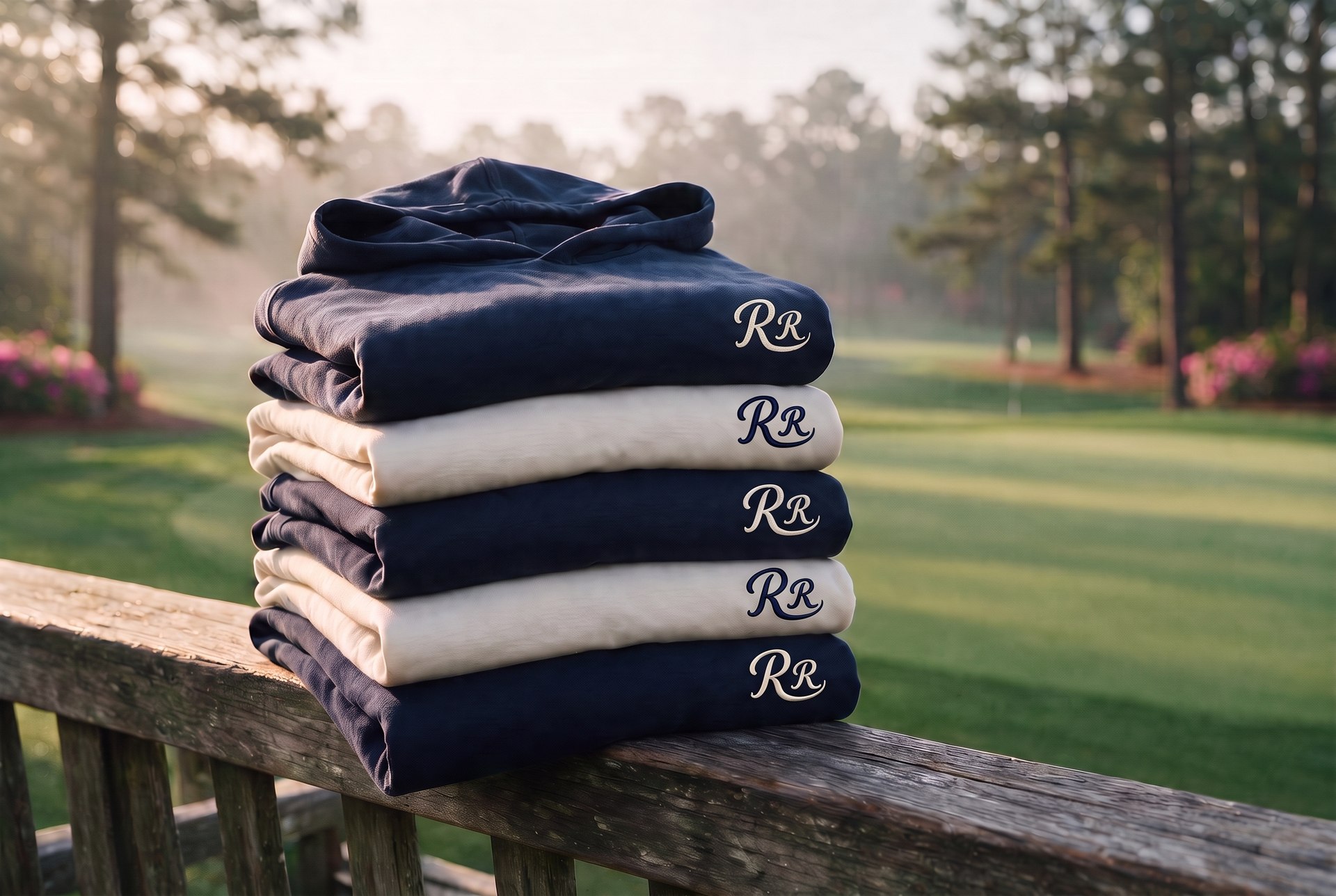 Folded Range Rats hoodies, navy and ivory, stacked at the range