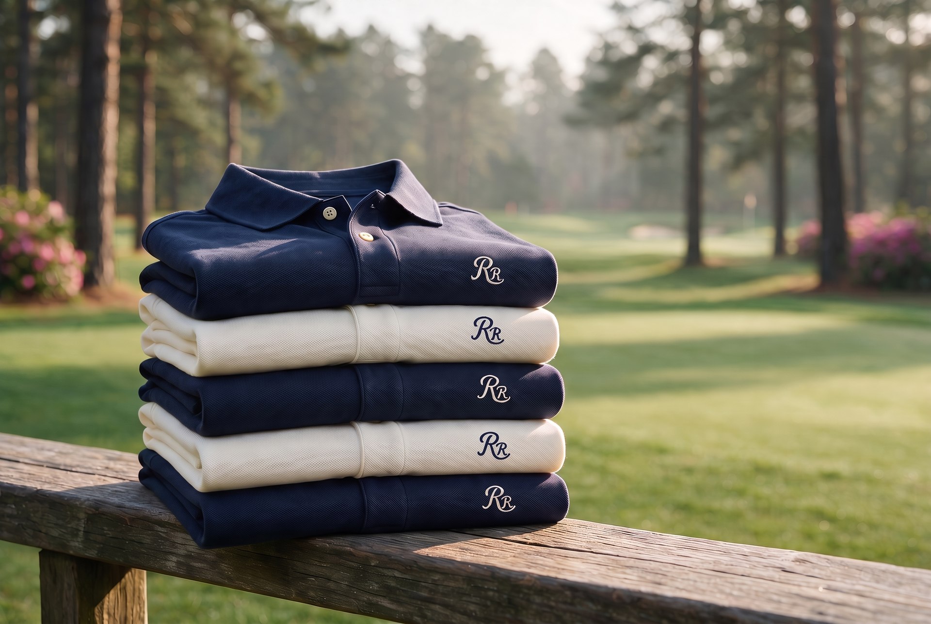 Folded Range Rats polos, navy and ivory, stacked at the range