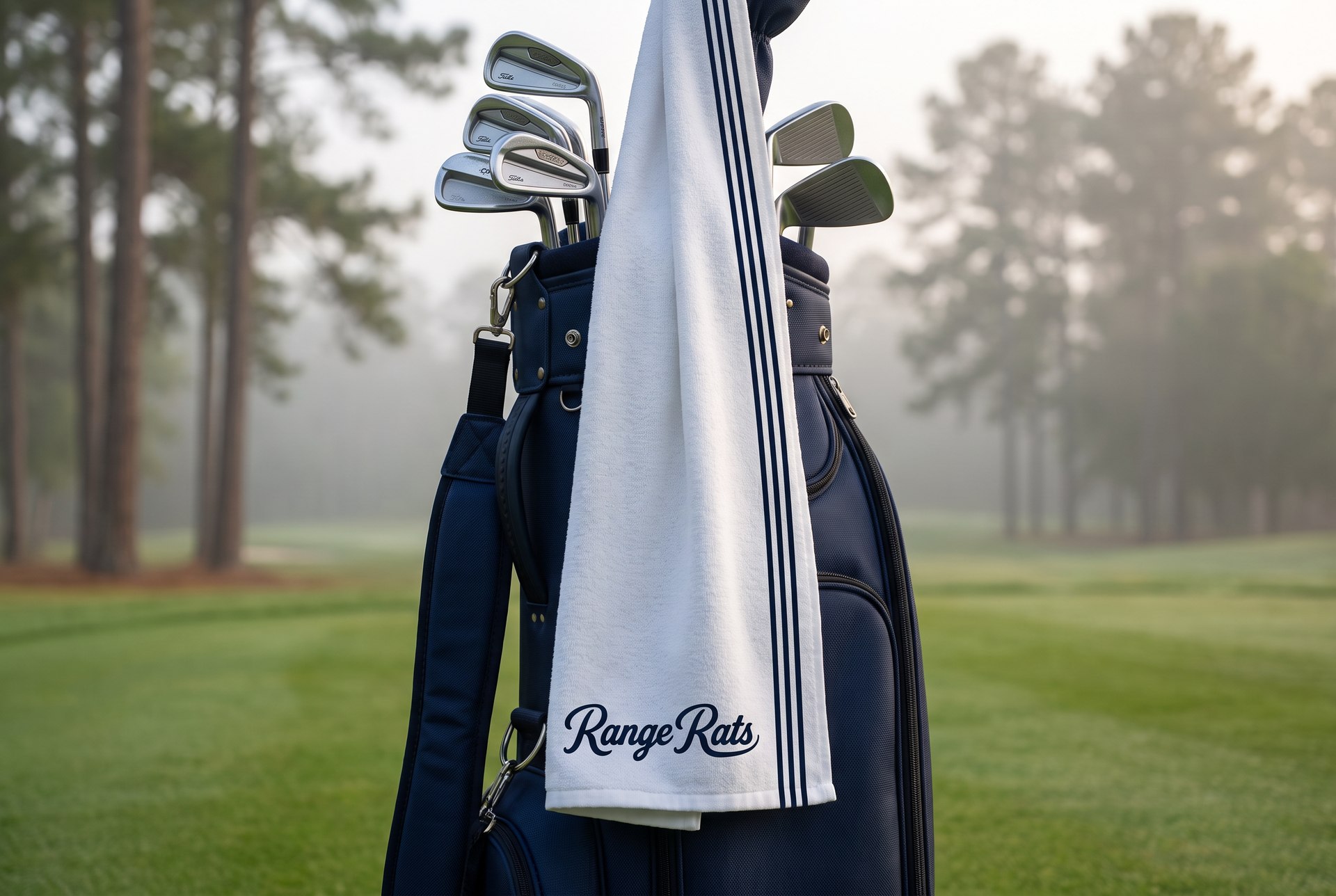 White waffle-knit Range Rats caddy towel with navy stripe and RR monogram